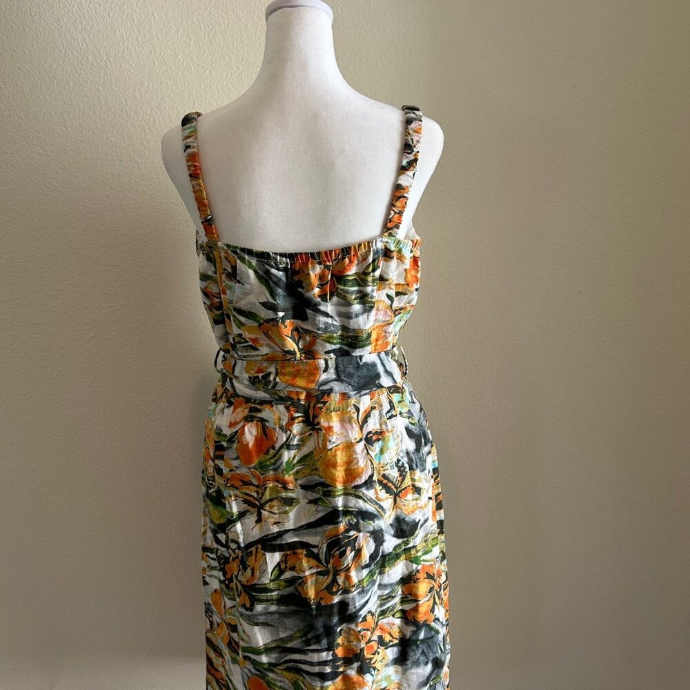 Floral Linen Midi Dress L Square Neck Sleeveless Belted Euro Summer Vacation - Picture 3 of 9